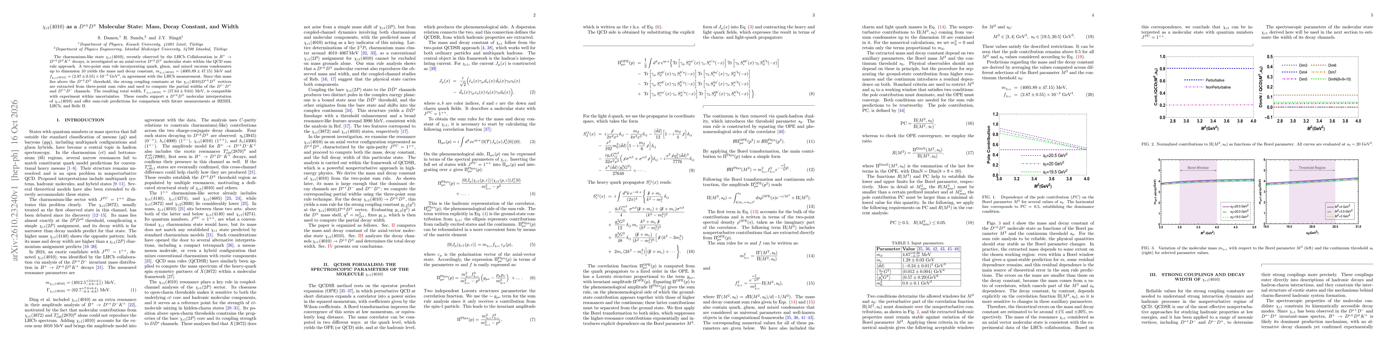 Thumbnail for $χ_{c1}(4010)$ as a $D^{*\pm}D^{\mp}$ Molecular State: Mass, Decay Constant, and Width