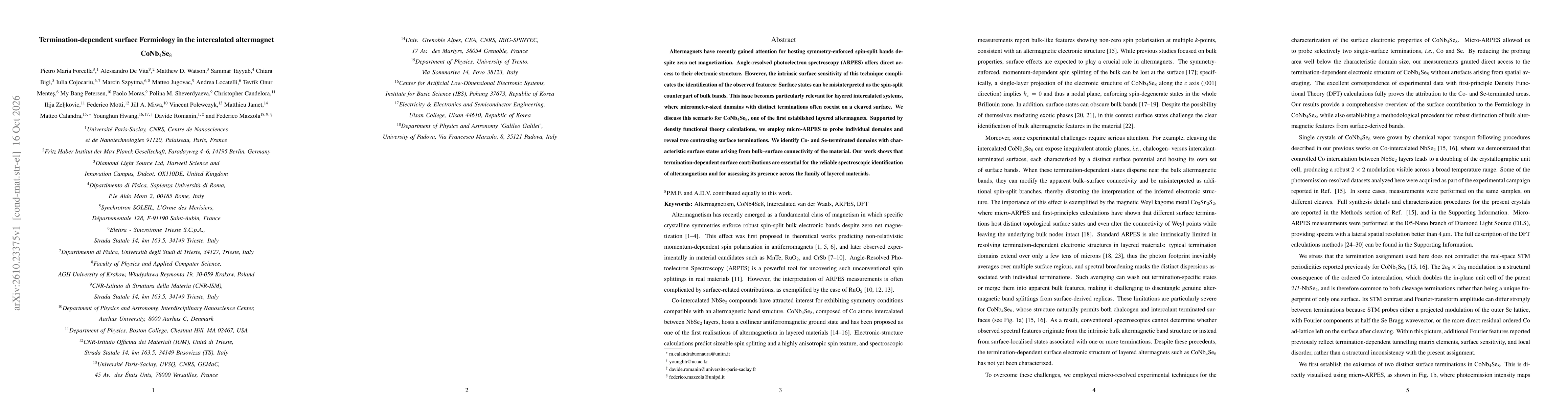 Thumbnail for Termination-dependent surface Fermiology in the intercalated altermagnet CoNb$_4$Se$_8$