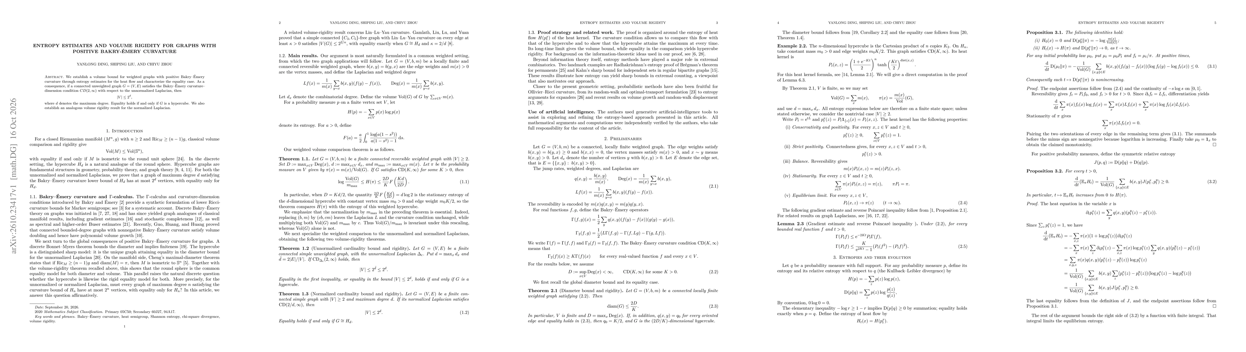 Thumbnail for Entropy estimates and volume rigidity for graphs with positive Bakry-Émery curvature