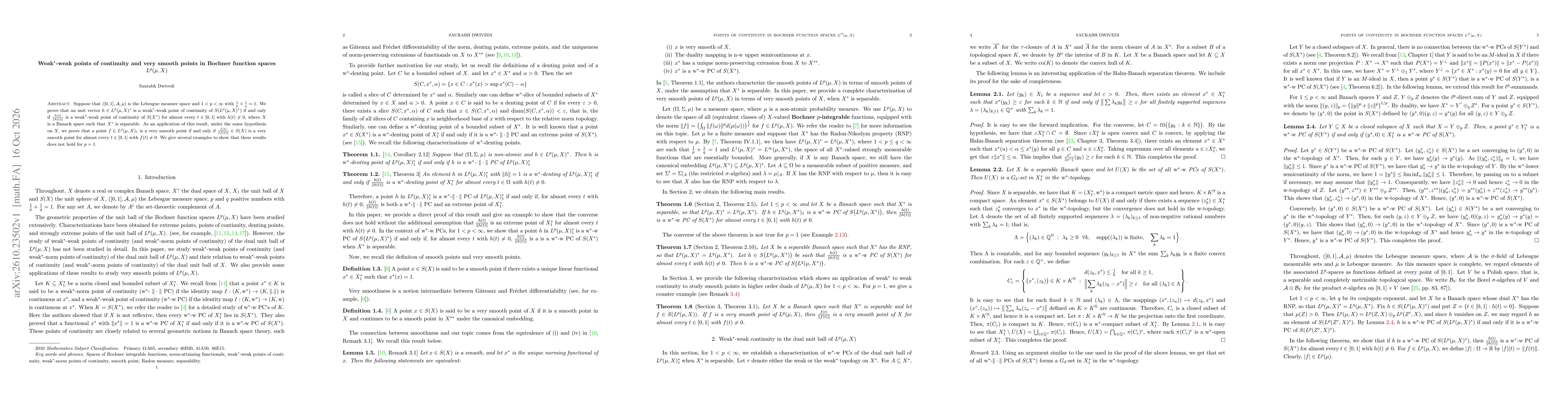 Thumbnail for Weak$^*$-weak points of continuity and very smooth points in Bochner function spaces $L^{p}(μ, X)$