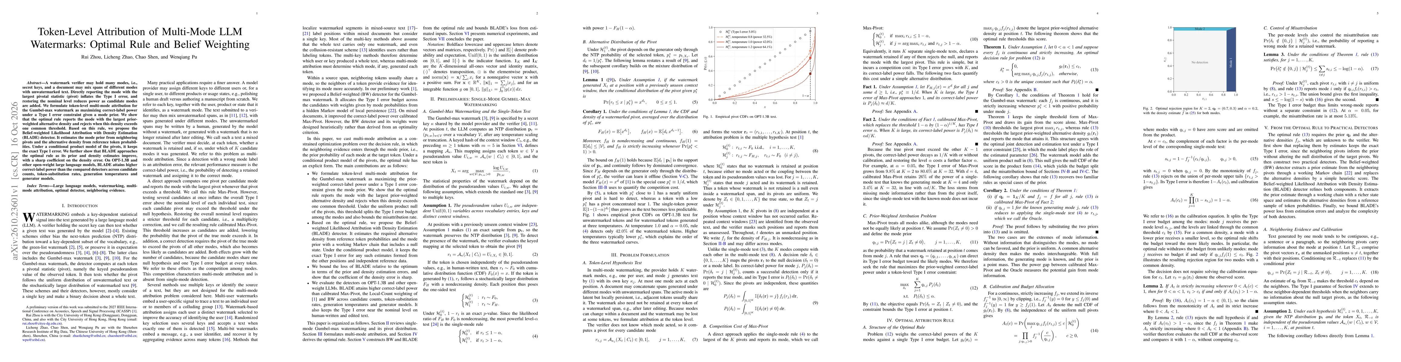 Thumbnail for Token-Level Attribution of Multi-Mode LLM Watermarks: Optimal Rule and Belief Weighting