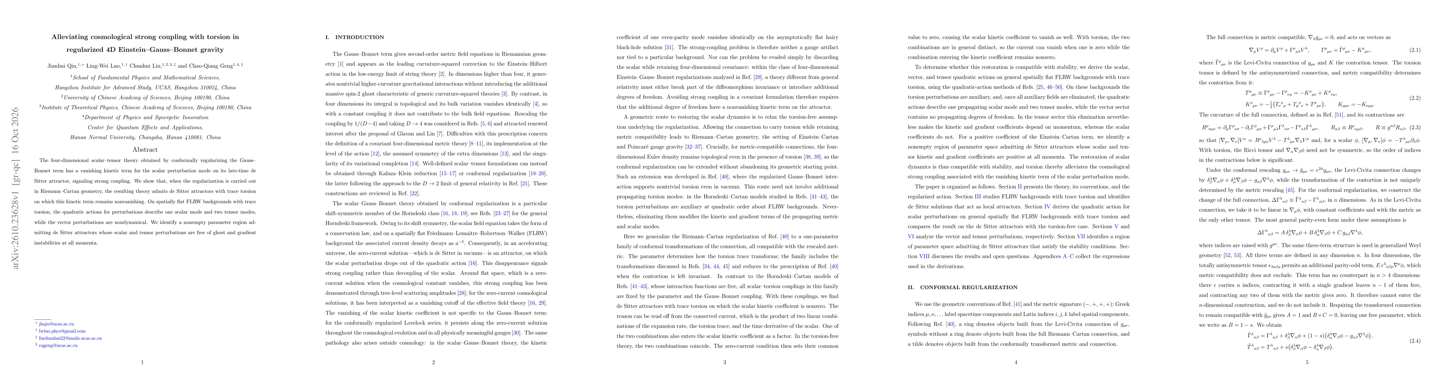 Thumbnail for Alleviating cosmological strong coupling with torsion in regularized 4D Einstein-Gauss-Bonnet gravity