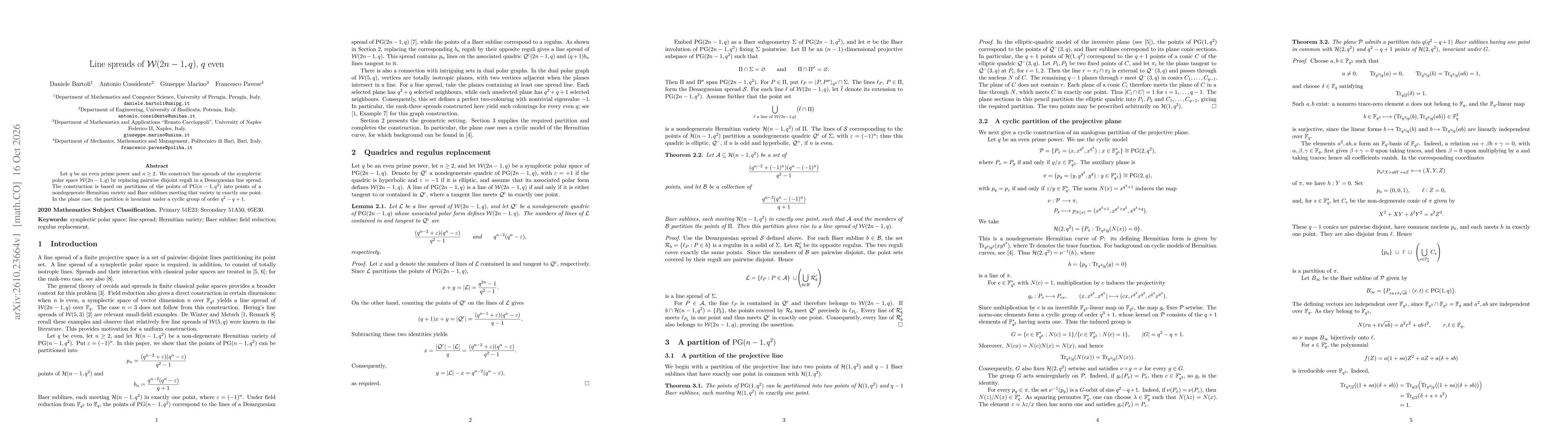 Thumbnail for Line spreads of W(2n-1, q), q even