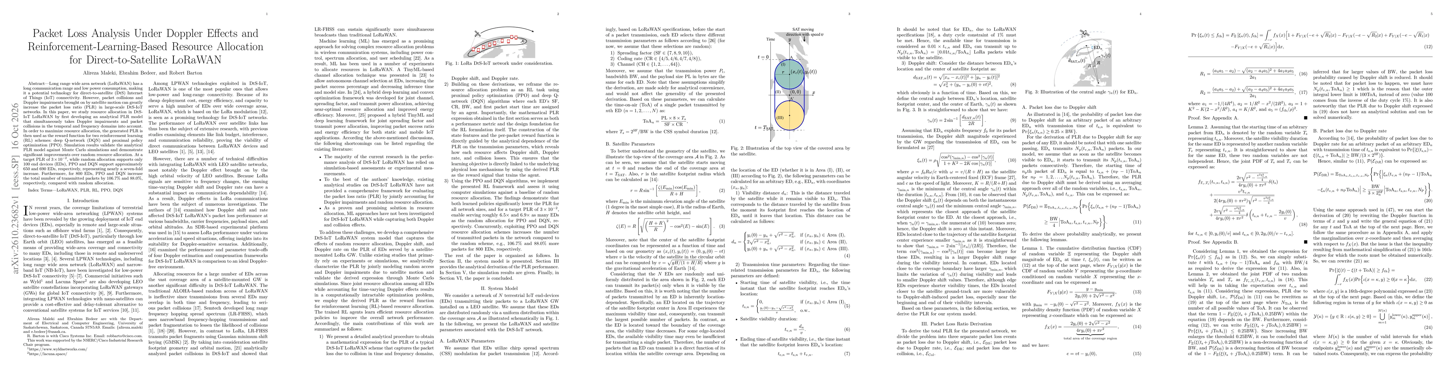 Thumbnail for Packet Loss Analysis Under Doppler Effects and Reinforcement-Learning-Based Resource Allocation for Direct-to-Satellite LoRaWAN