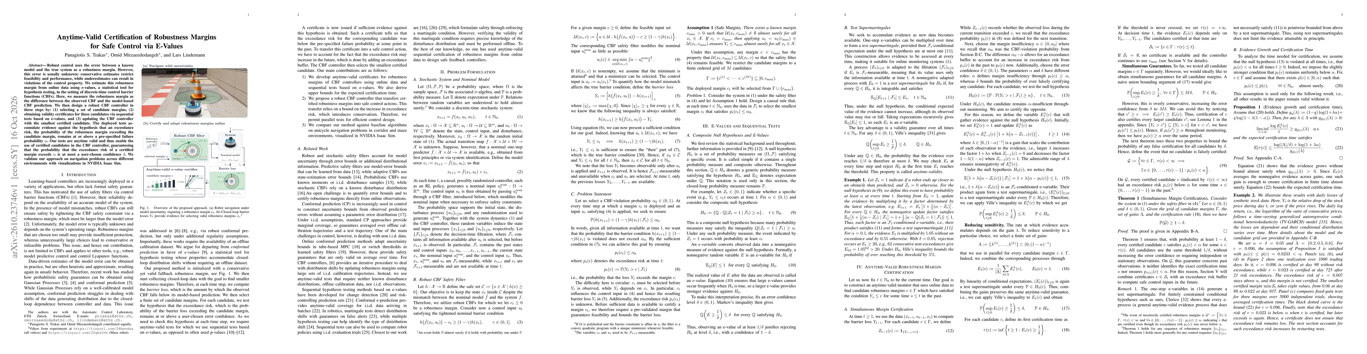 Thumbnail for Anytime-Valid Certification of Robustness Margins for Safe Control via E-Values