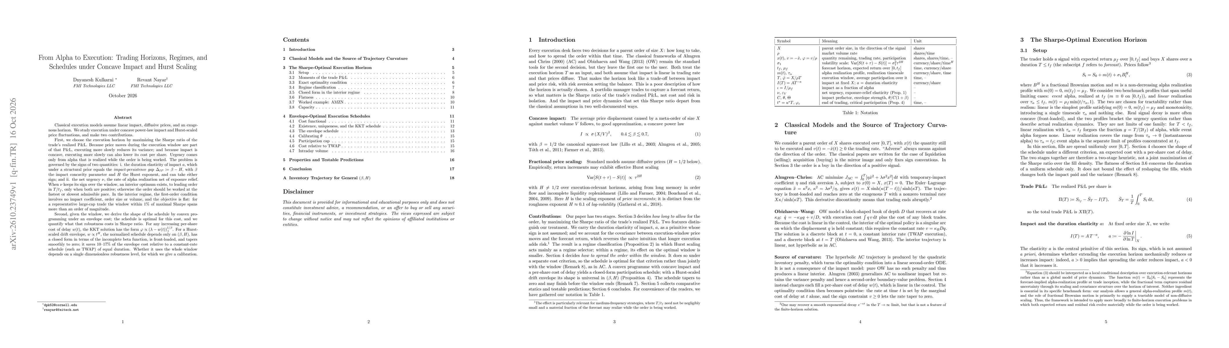Thumbnail for From Alpha to Execution: Trading Horizons, Regimes, and Schedules under Concave Impact and Hurst Scaling