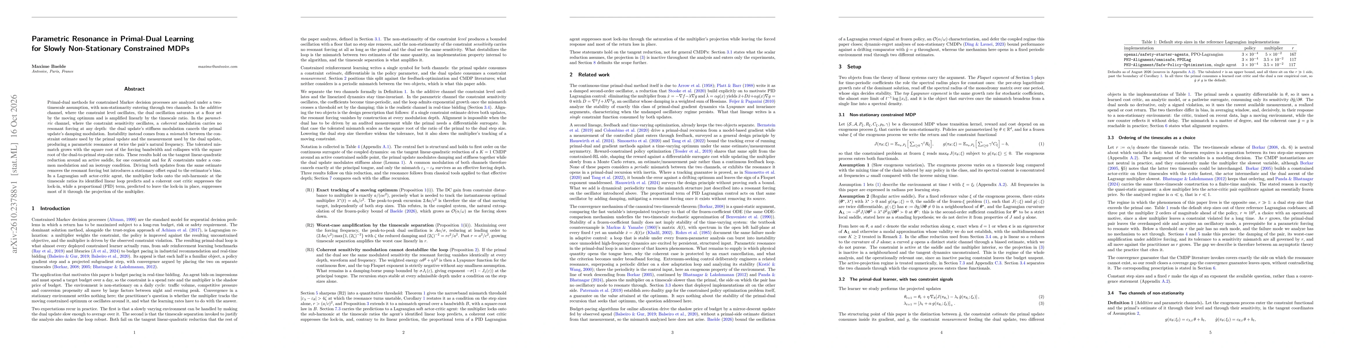 Thumbnail for Parametric Resonance in Primal-Dual Learning for Slowly Non-Stationary Constrained MDPs