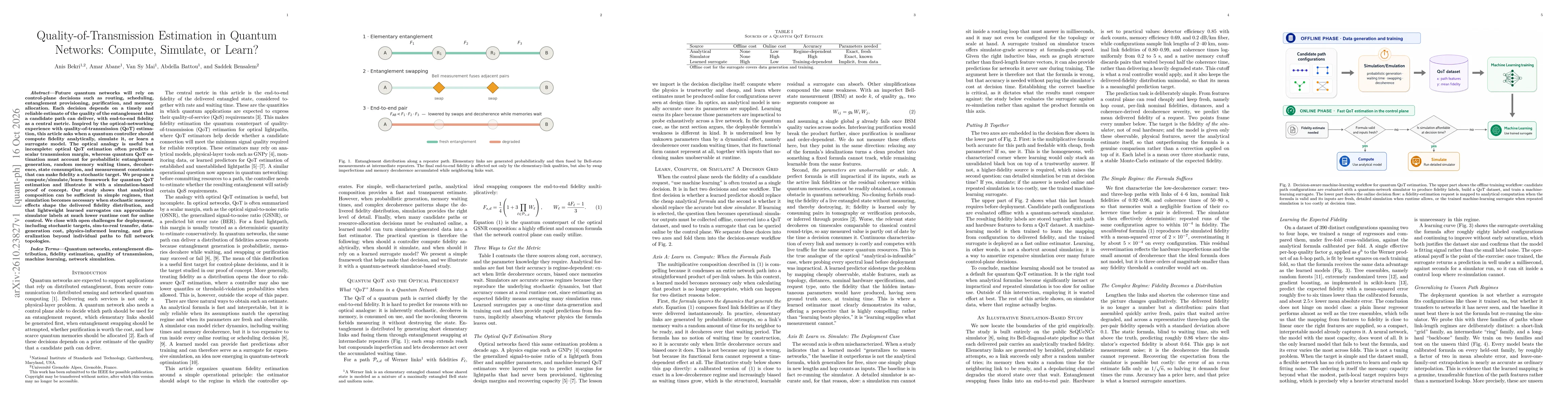 Thumbnail for Quality-of-Transmission Estimation in Quantum Networks: Compute, Simulate, or Learn?