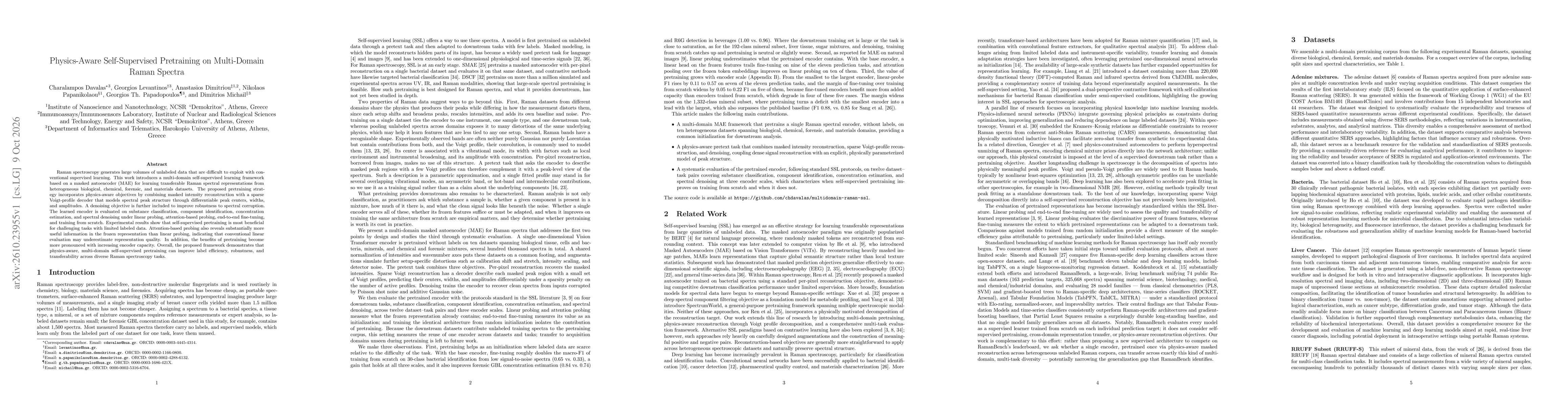 Thumbnail for Physics-Aware Self-Supervised Pretraining on Multi-Domain Raman Spectra