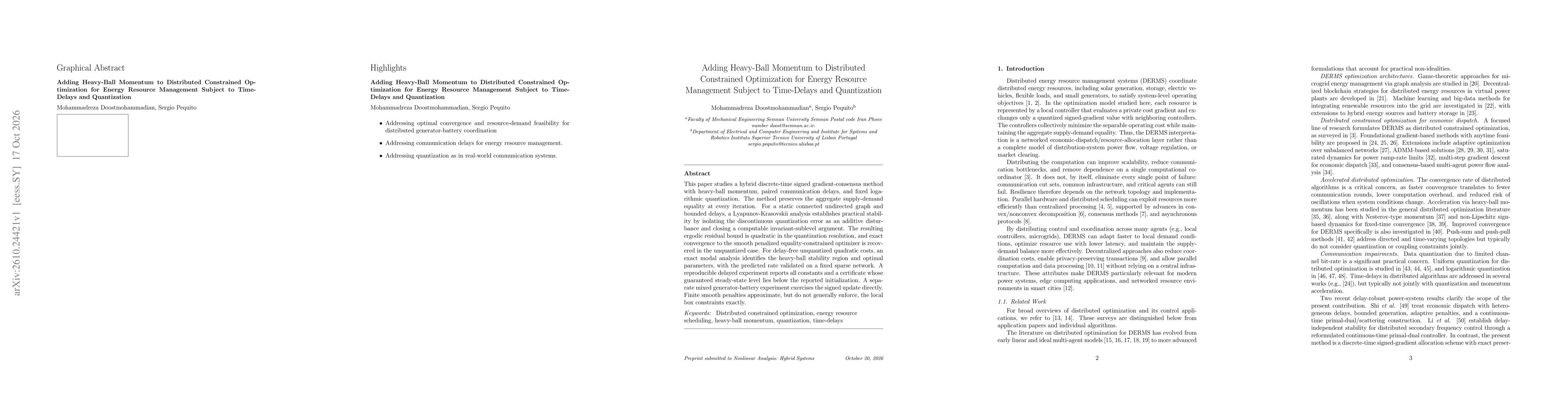 Thumbnail for Adding Heavy-Ball Momentum to Distributed Constrained Optimization for Energy Resource Management Subject to Time-Delays and Quantization