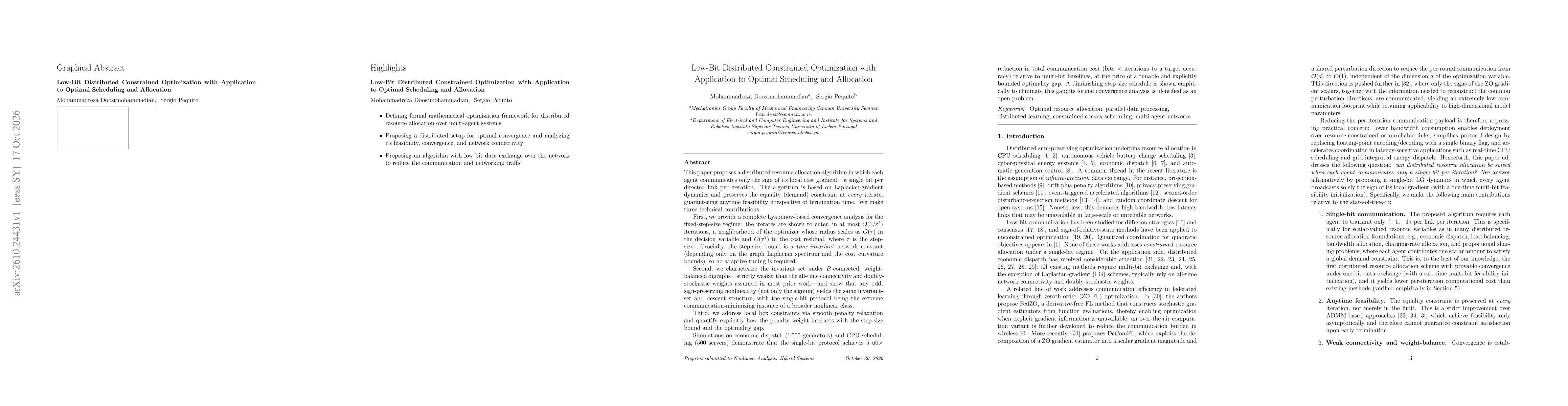 Thumbnail for Low-Bit Distributed Constrained Optimization with Application to Optimal Scheduling and Allocation