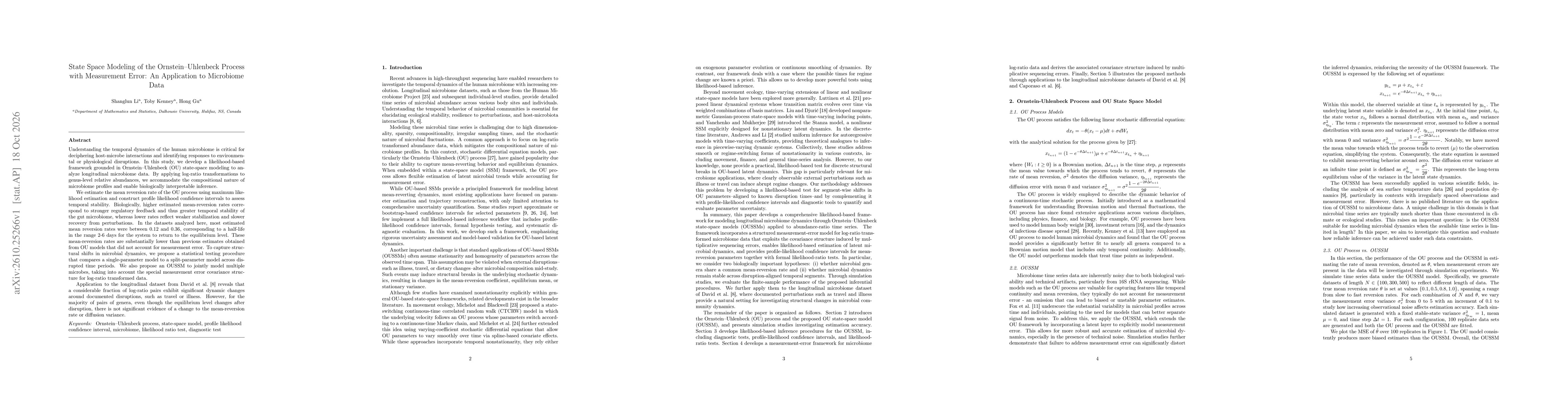 Thumbnail for State Space Modeling of the Ornstein-Uhlenbeck Process with Measurement Error: An Application to Microbiome Data