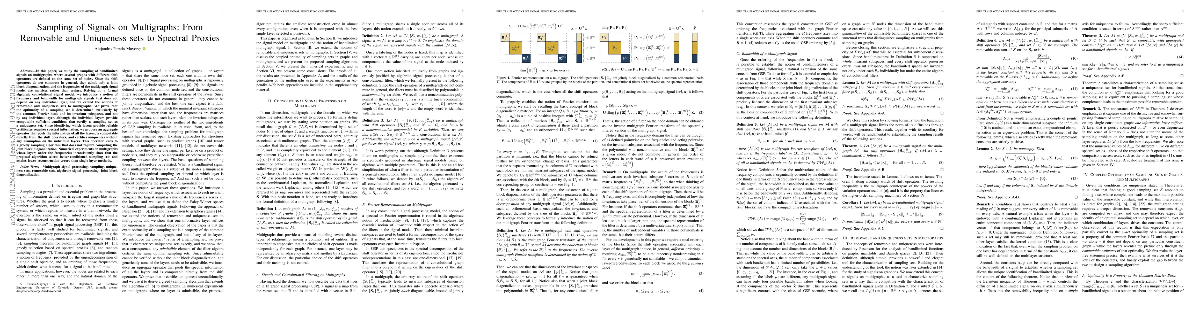 Thumbnail for Sampling of Signals on Multigraphs: From Removable and Uniqueness sets to Spectral Proxies