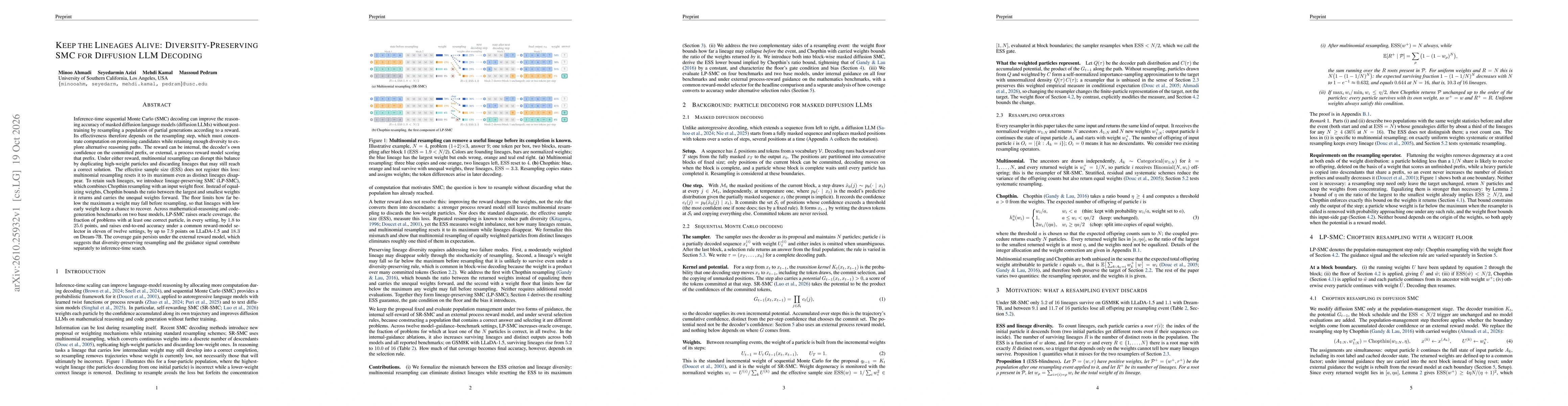 Thumbnail for Keep the Lineages Alive: Diversity-Preserving SMC for Diffusion LLM Decoding