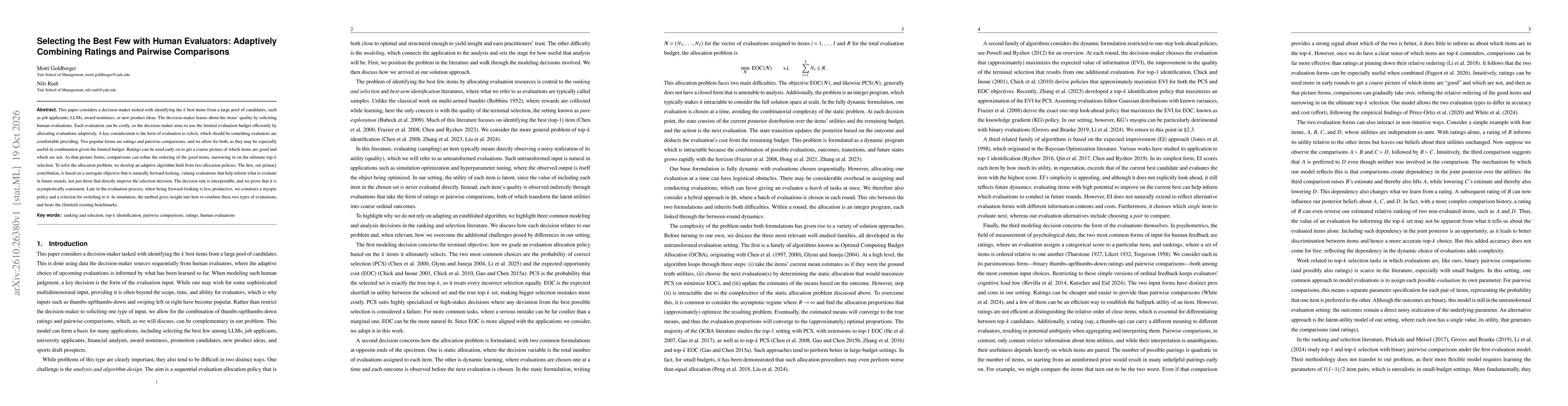 Thumbnail for Selecting the Best Few with Human Evaluators: Adaptively Combining Ratings and Pairwise Comparisons