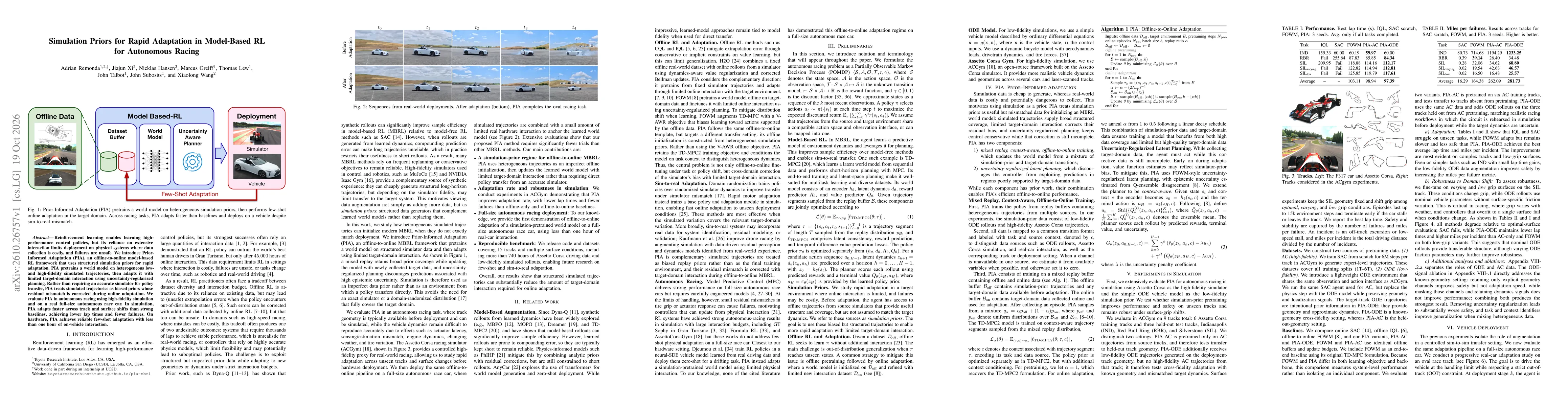 Thumbnail for Simulation Priors for Rapid Adaptation in Model-Based RL for Autonomous Racing