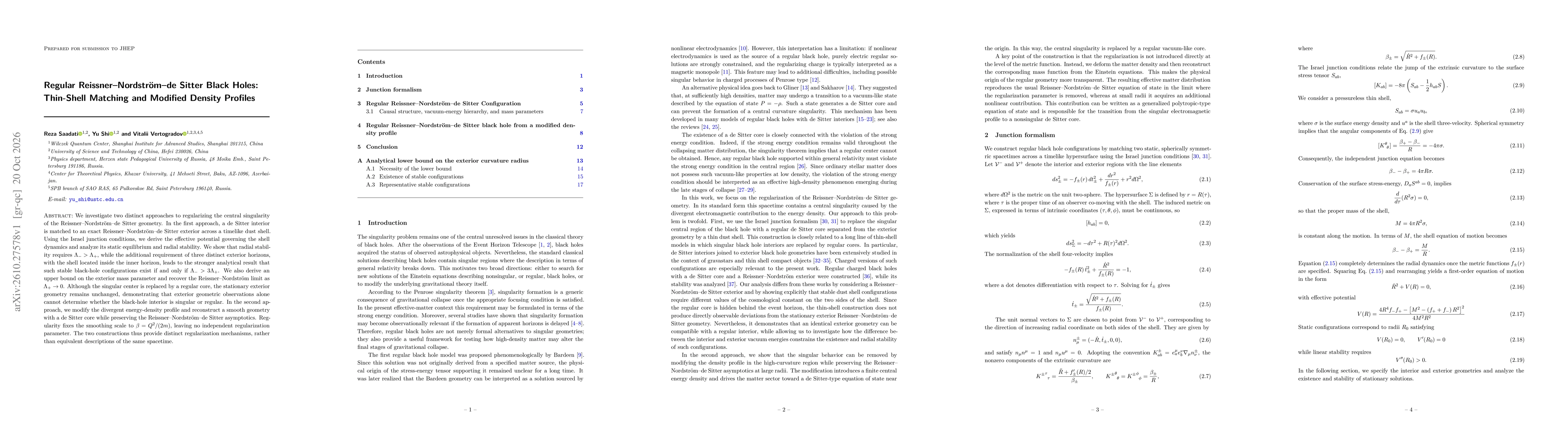 Thumbnail for Regular Reissner--Nordström--de Sitter Black Holes: Thin-Shell Matching and Modified Density Profiles