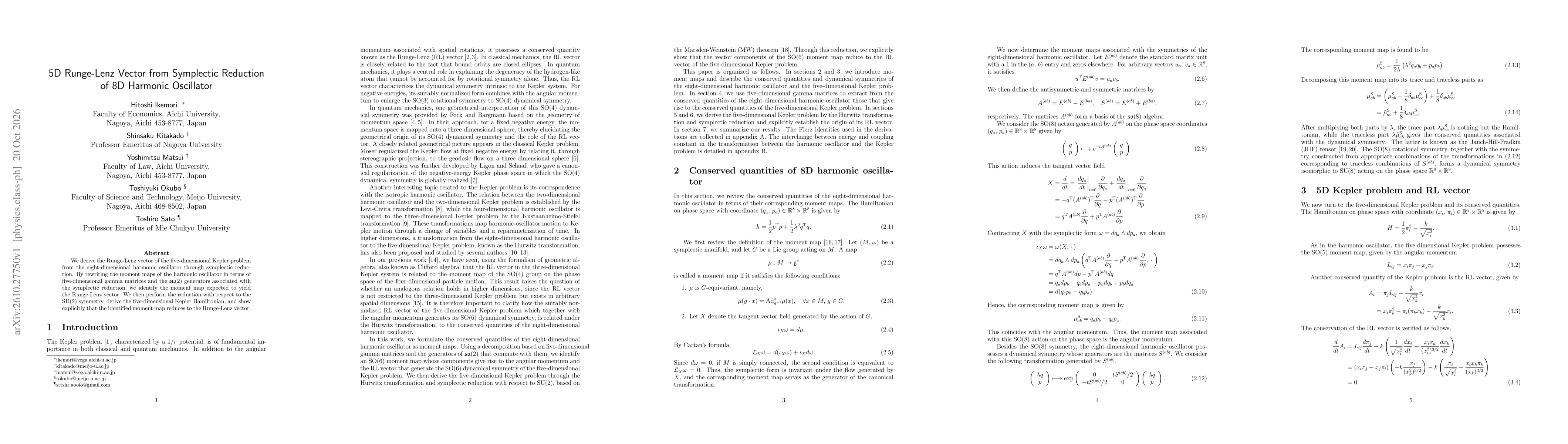 Thumbnail for 5D Runge-Lenz Vector from Symplectic Reduction of 8D Harmonic Oscillator