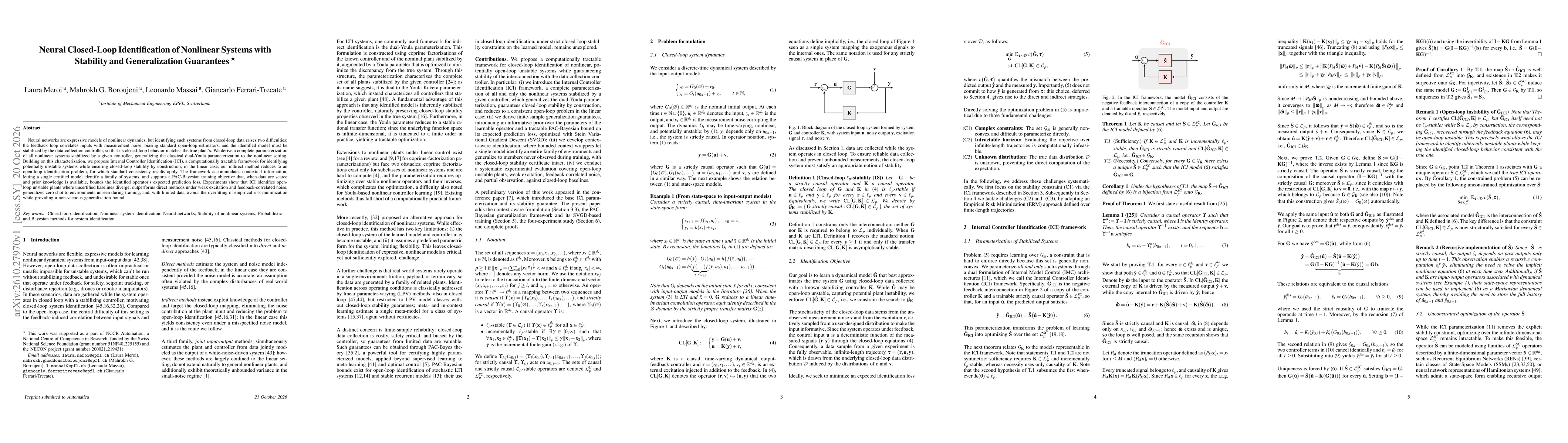 Thumbnail for Neural Closed-Loop Identification of Nonlinear Systems with Stability and Generalization Guarantees