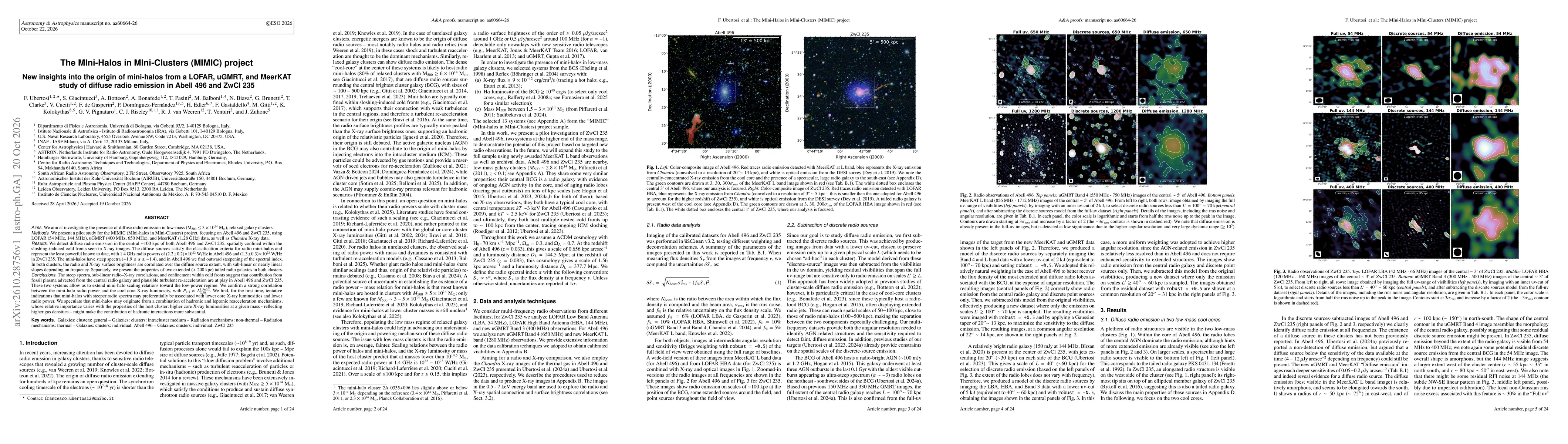 Thumbnail for The MIni-Halos in MIni-Clusters (MIMIC) project: New insights into the origin of mini-halos from a LOFAR, uGMRT, and MeerKAT study of diffuse radio emission in Abell 496 and ZwCl 235