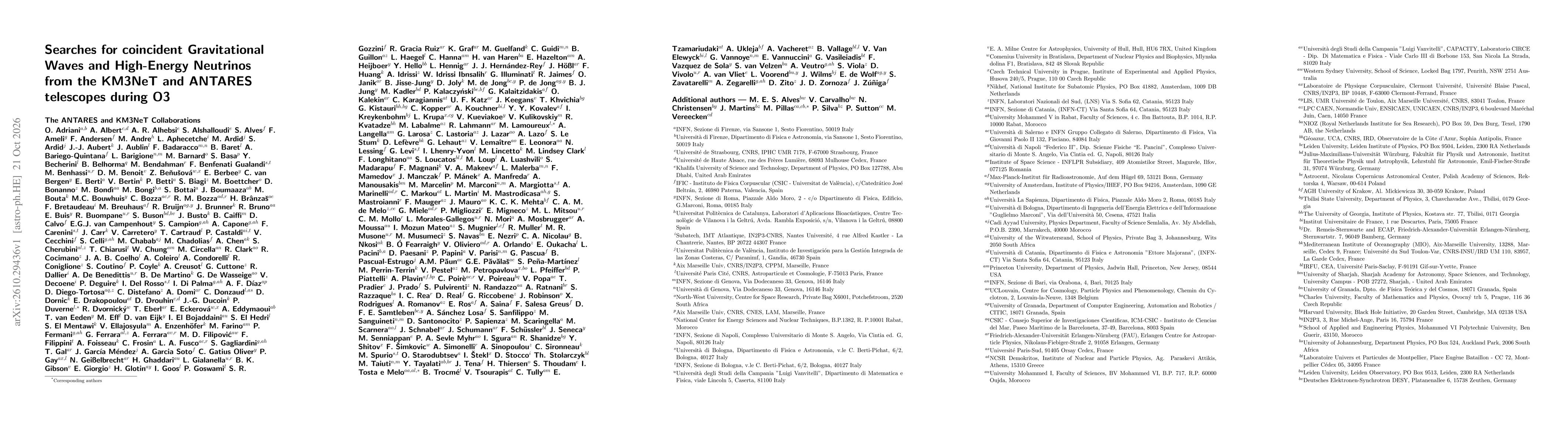 Thumbnail for Searches for coincident Gravitational Waves and High-Energy Neutrinos from the KM3NeT and ANTARES telescopes during O3