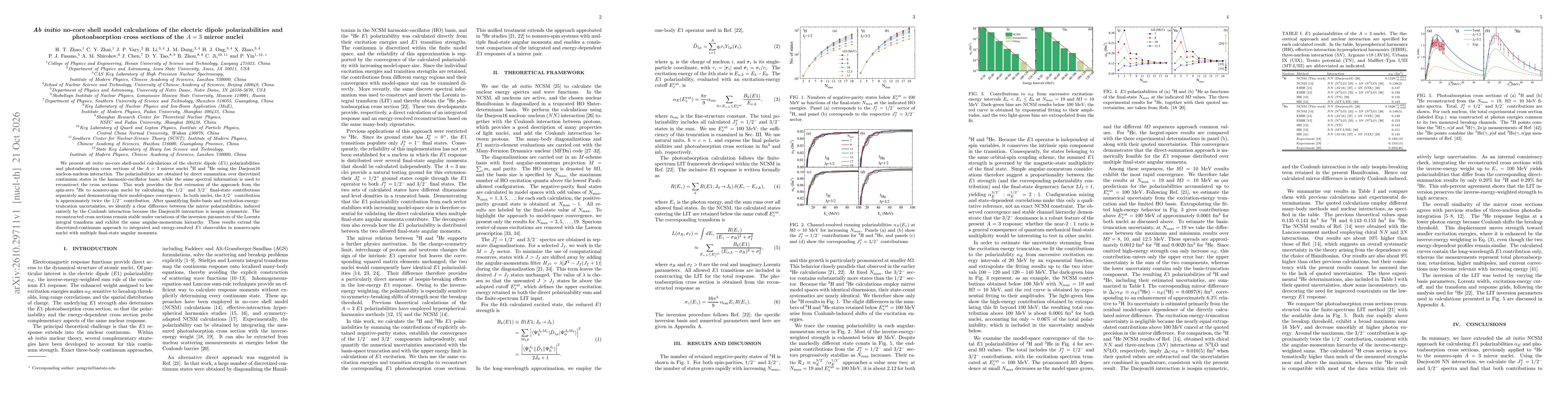 Thumbnail for \textit{Ab initio} no-core shell model calculations of the electric dipole polarizabilities and photoabsorption cross sections of the $A=3$ mirror nuclei