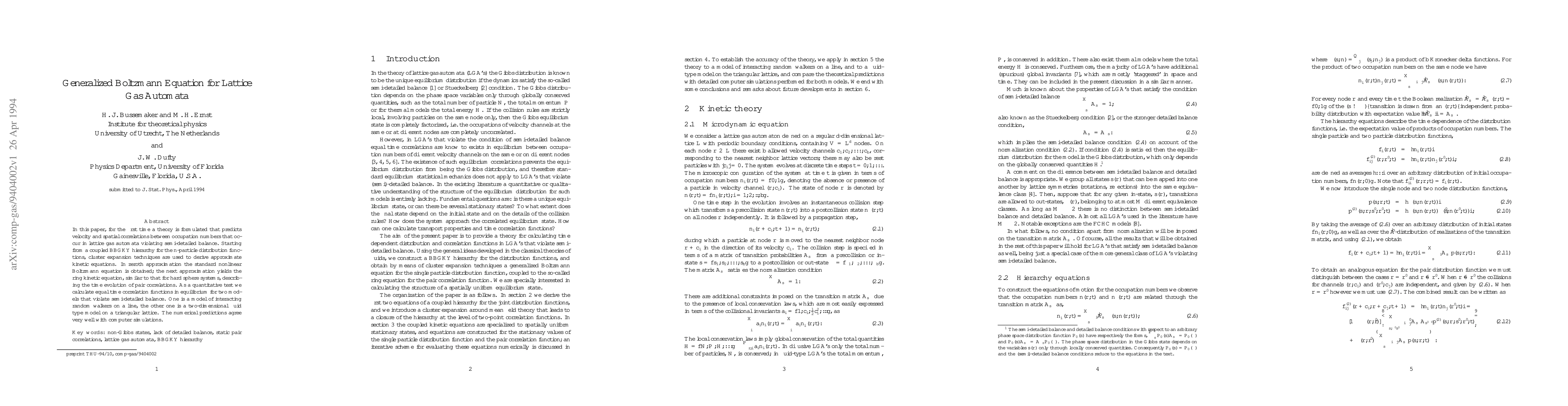Thumbnail for Generalized Boltzmann Equation for Lattice Gas Automata