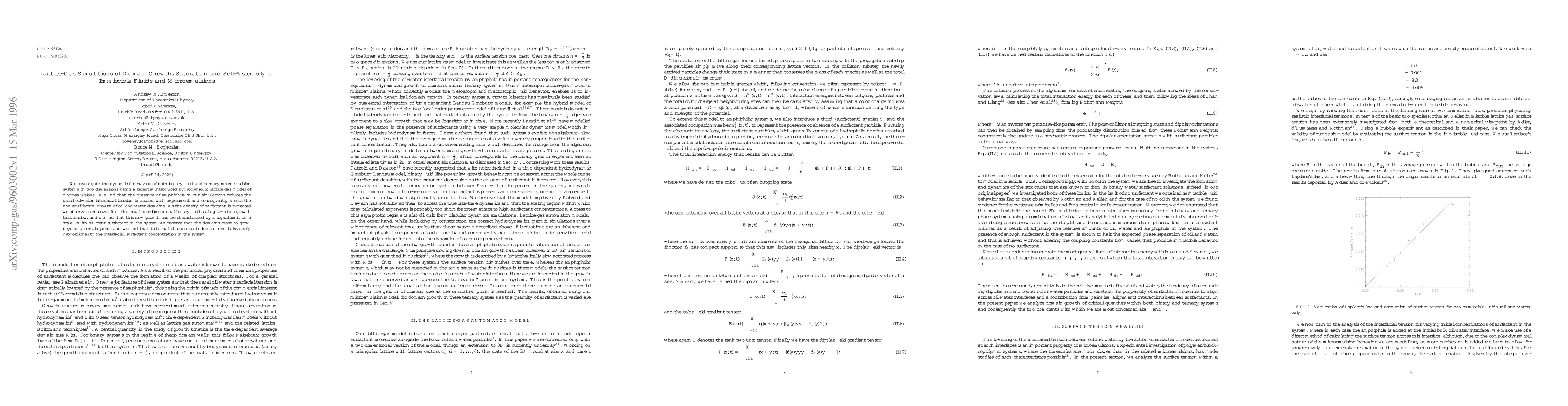 Thumbnail for Lattice-gas simulations of Domain Growth, Saturation and Self-Assembly
  in Immiscible Fluids and Microemulsions
