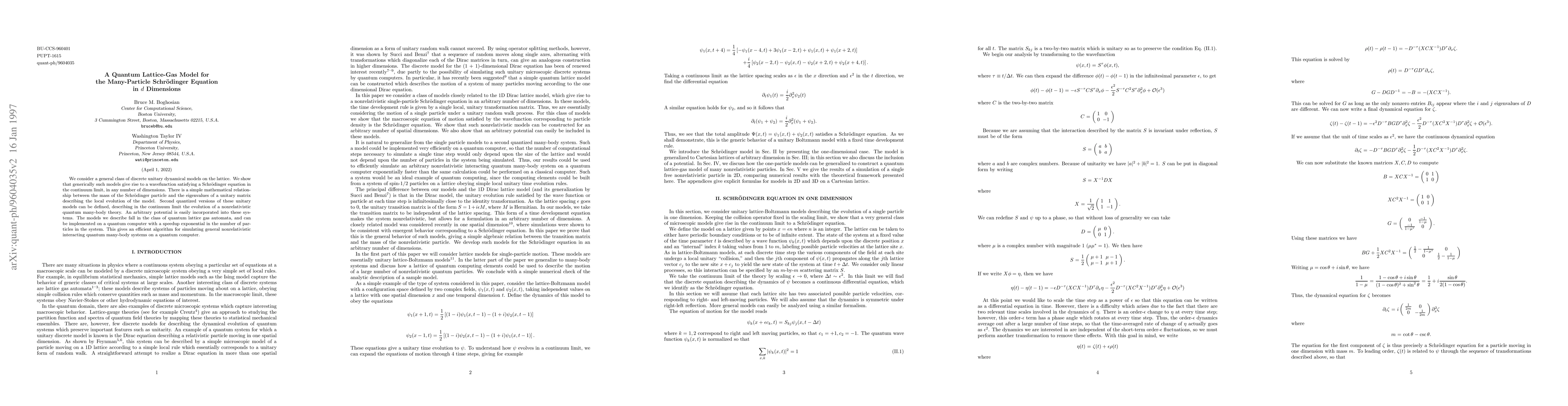 Thumbnail for A Quantum Lattice-Gas Model for the Many-Particle Schroedinger Equation