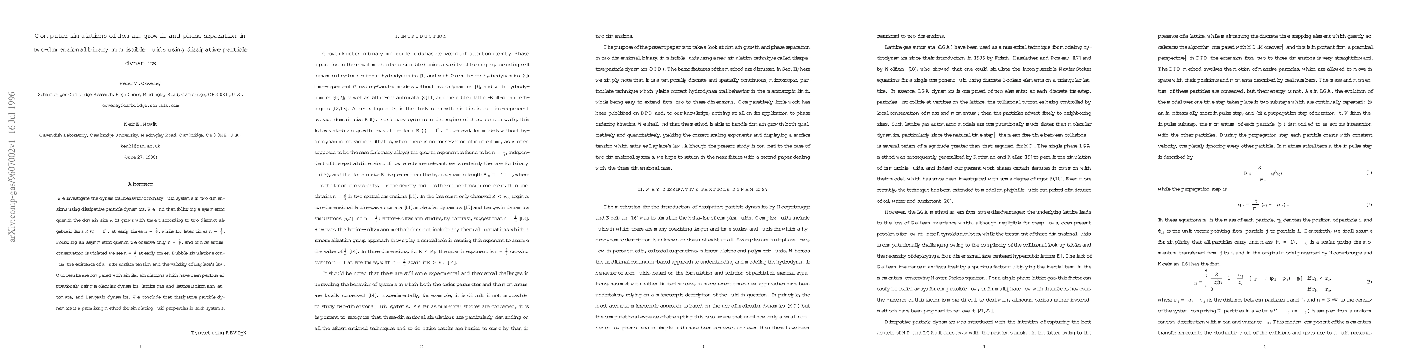 Thumbnail for Computer simulations of domain growth and phase separation in
  two-dimensional binary immiscible fluids using dissipative particle dynamics