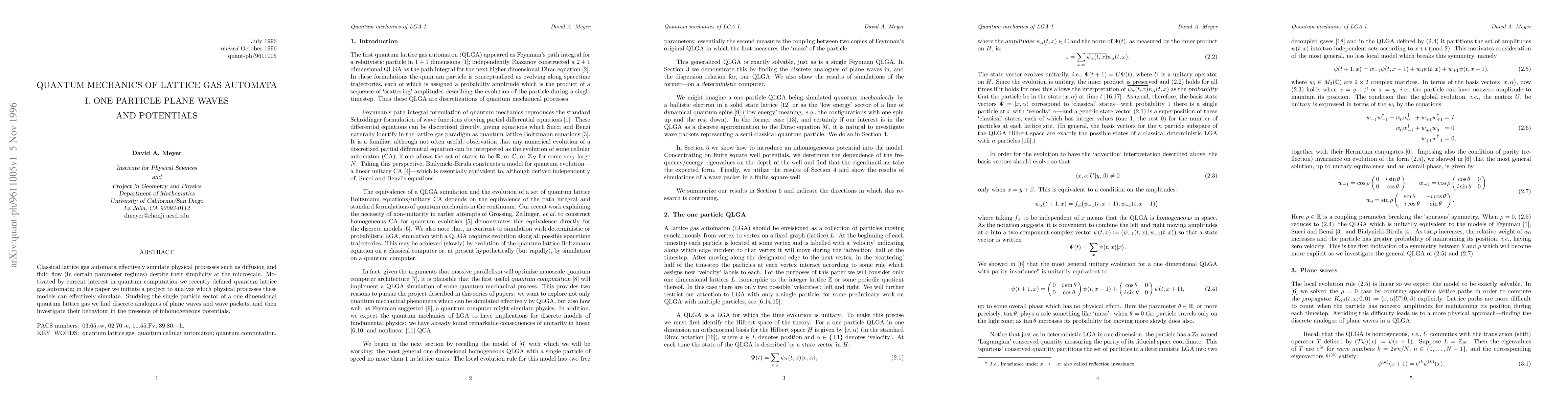 Thumbnail for Quantum mechanics of lattice gas automata. I. One particle plane waves
  and potentials