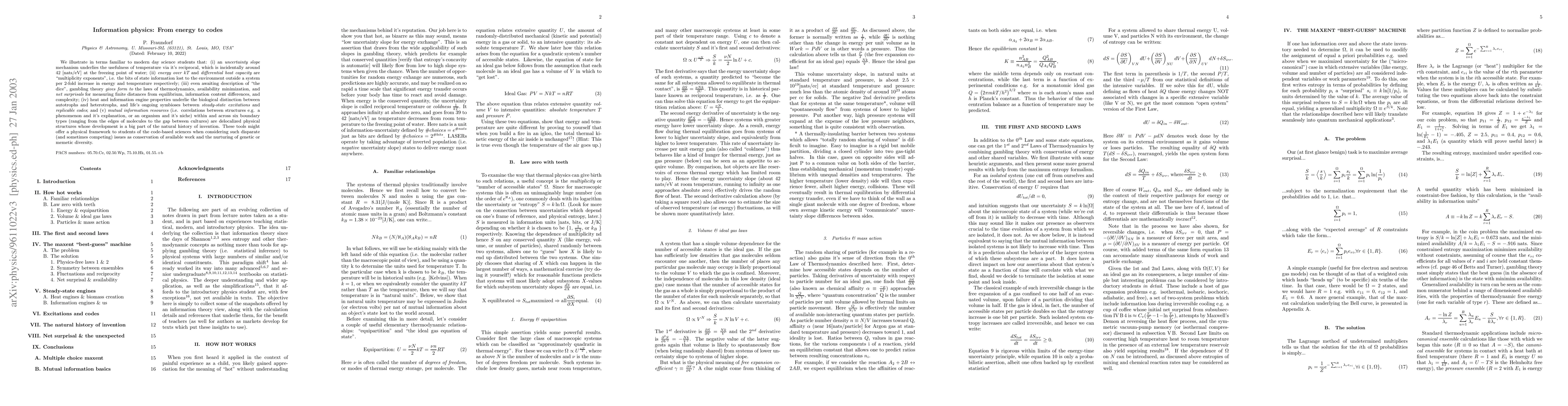 Thumbnail for Information physics: From energy to codes