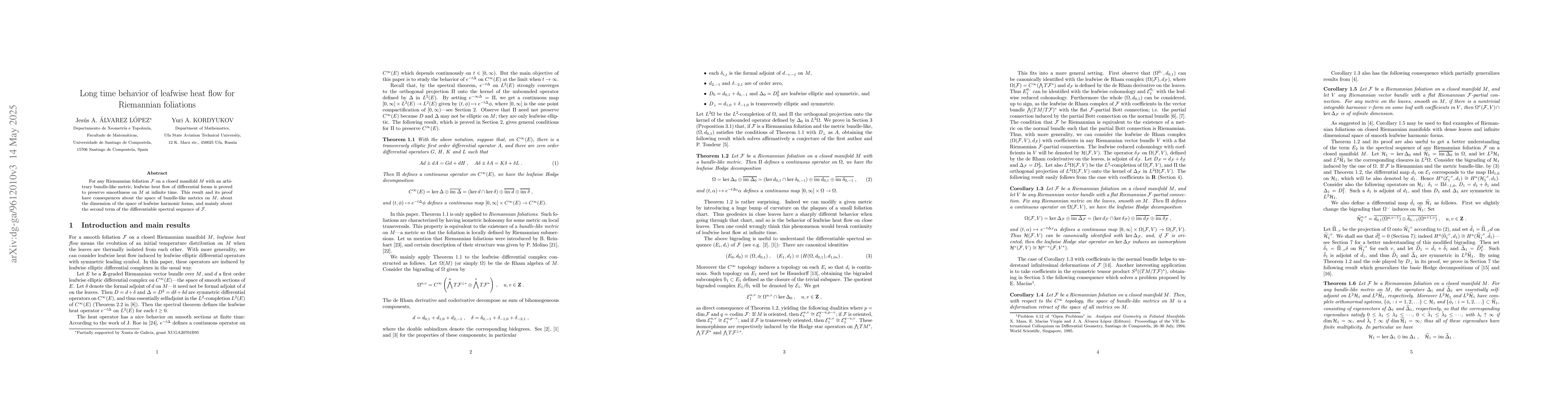 Thumbnail for Long time behavior of leafwise heat flow for Riemannian foliations