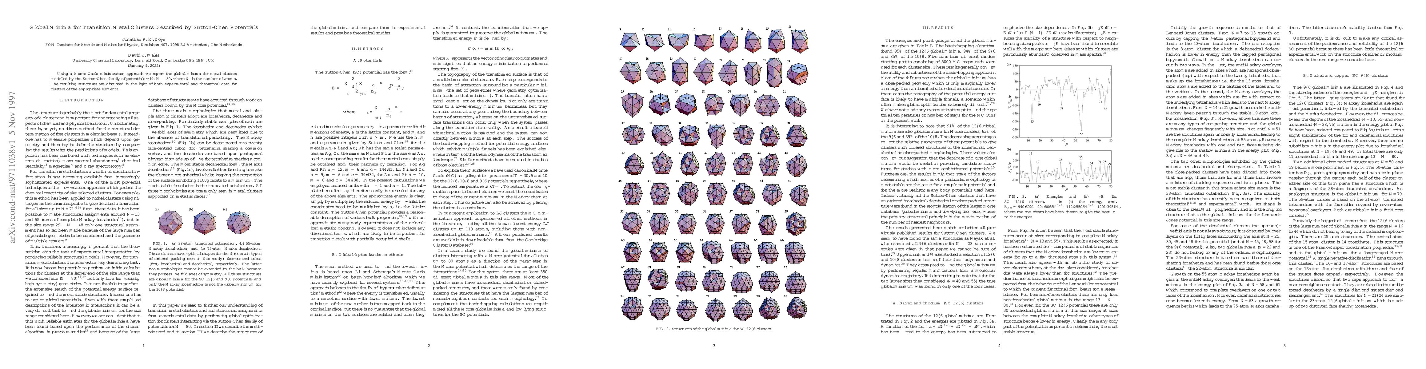 Thumbnail for Global Minima for Transition Metal Clusters Described by Sutton-Chen
  Potentials