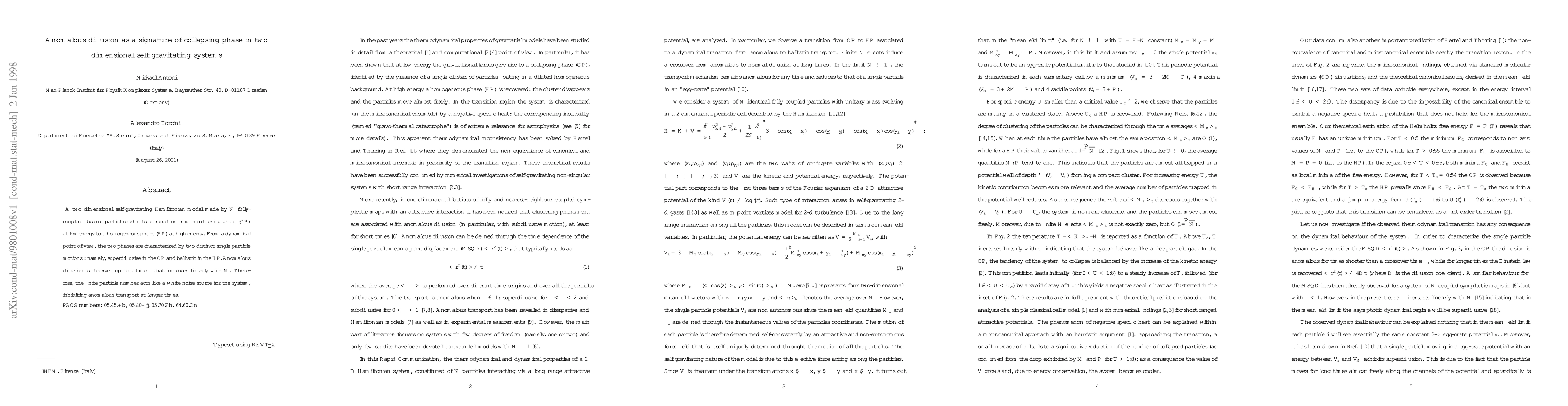 Thumbnail for Anomalous diffusion as a signature of collapsing phase in two
  dimensional self-gravitating systems