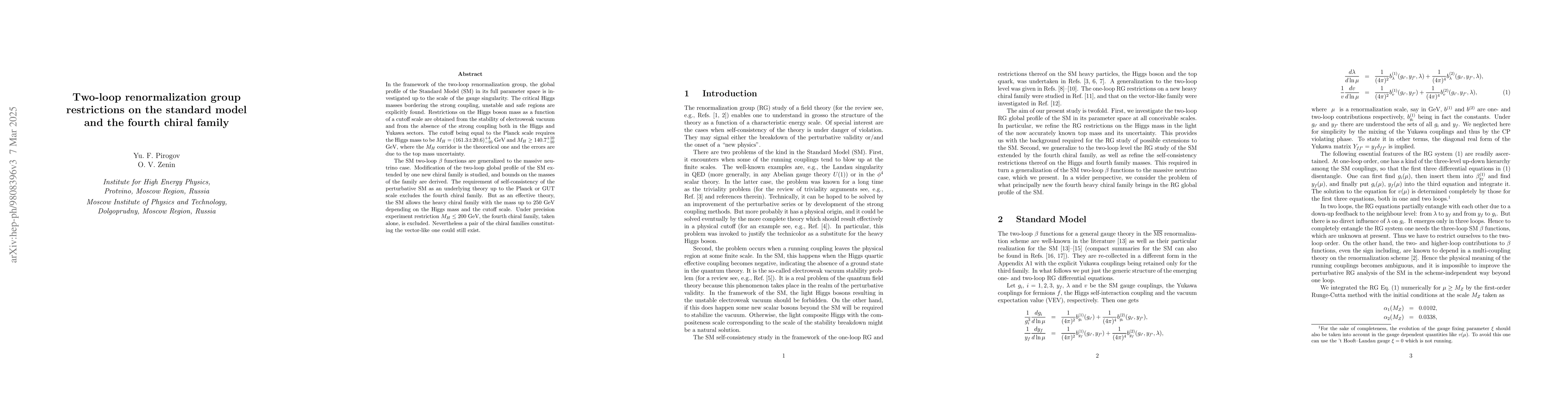 Thumbnail for Two-loop renormalization group restrictions on the standard model and
  the fourth chiral family