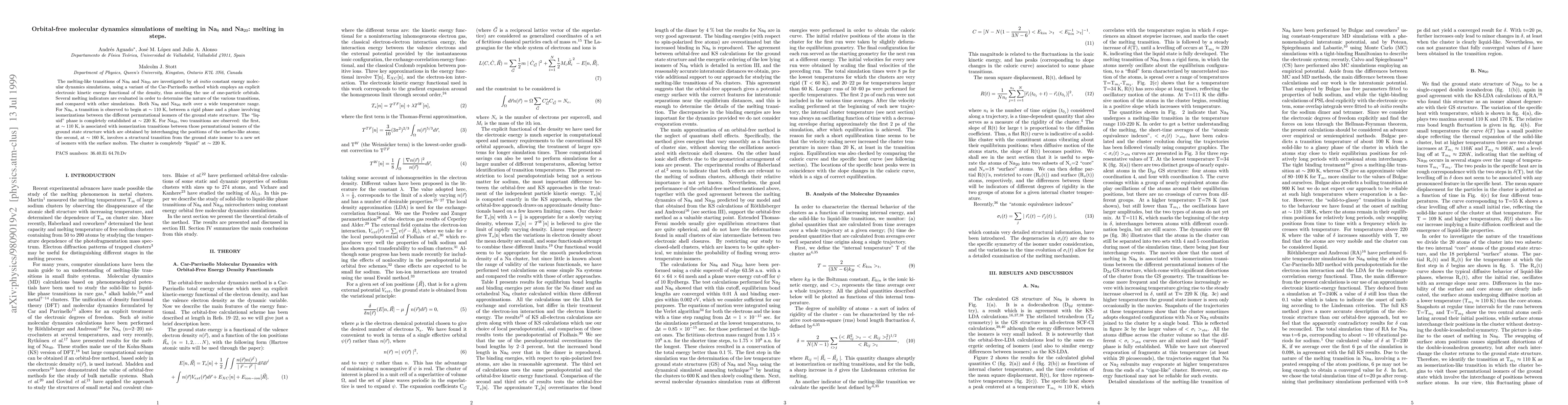 Thumbnail for Orbital-Free Molecular Dynamics Simulations of Melting in Na8 and Na20:
  Melting in Steps