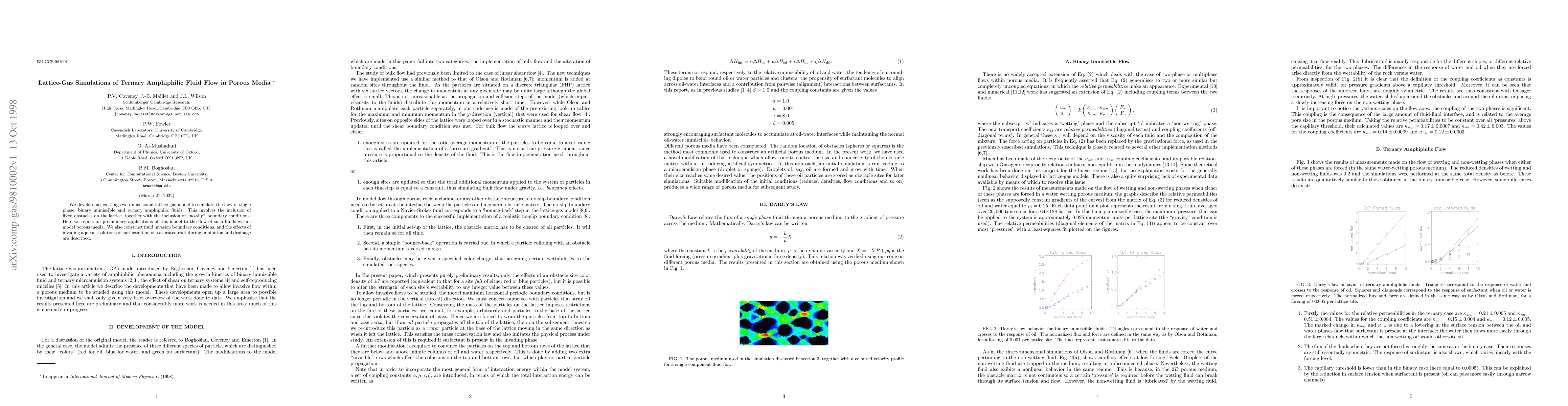 Thumbnail for Lattice-Gas Simulations of Ternary Amphiphilic Fluid Flow in Porous
  Media