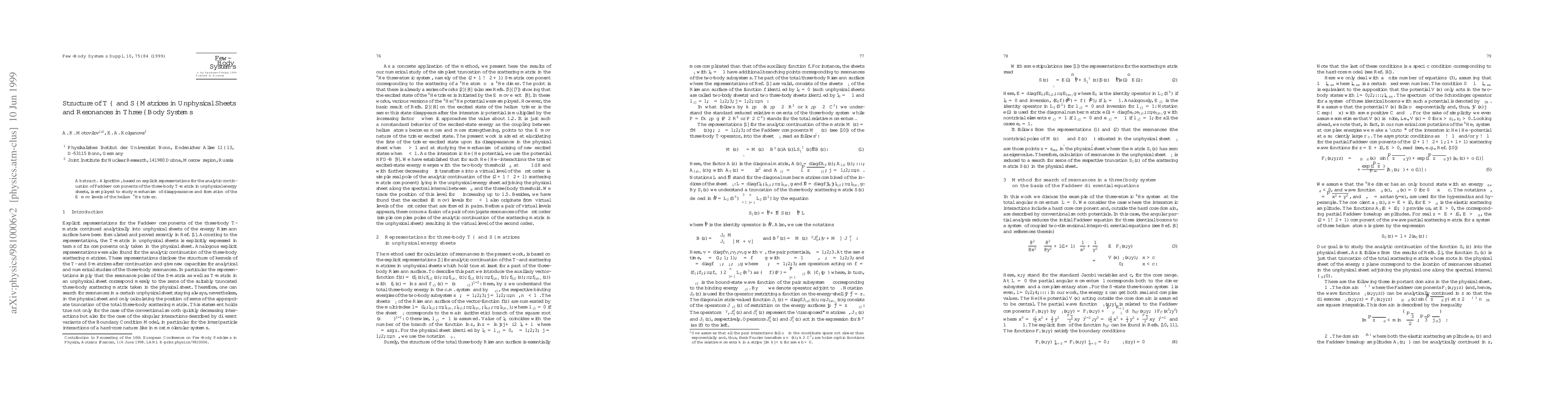Thumbnail for Structure of T- and S-matrices in unphysical sheets and resonances in
  three-body systems