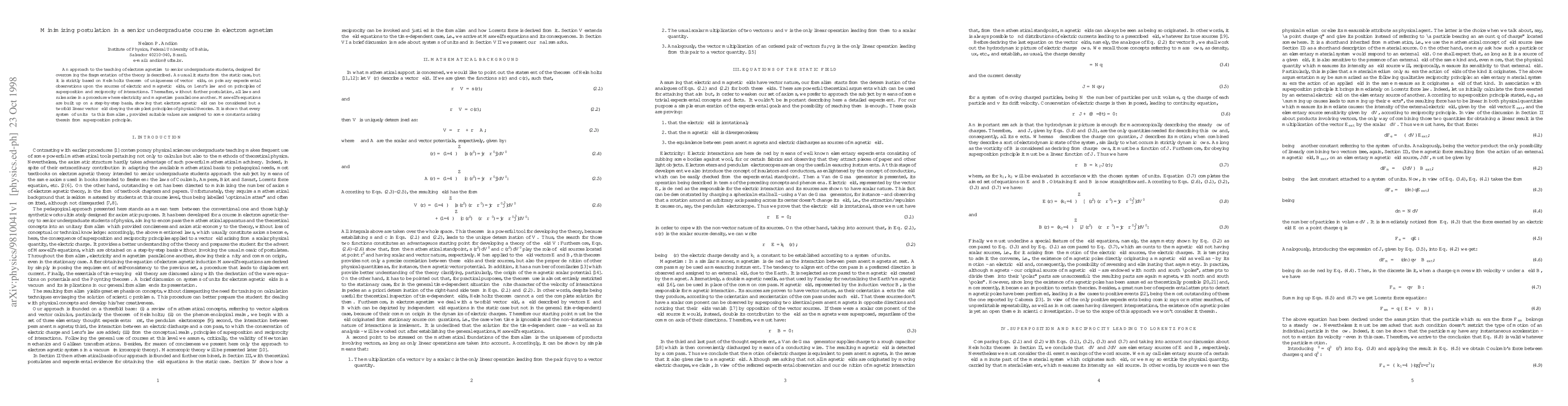 Thumbnail for Minimizing postulation in a senior undergraduate course in
  electromagnetism