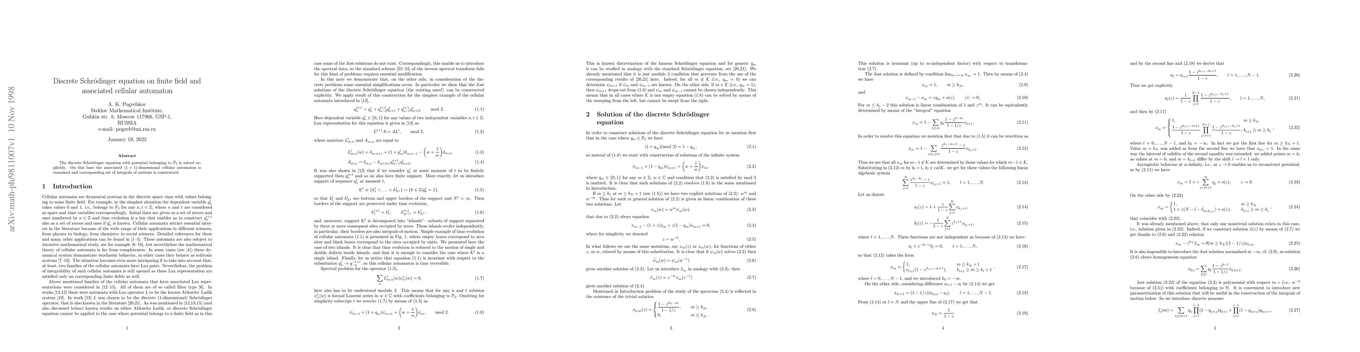 Thumbnail for Discrete Schrödinger equation on finite field and associated
  cellular automaton