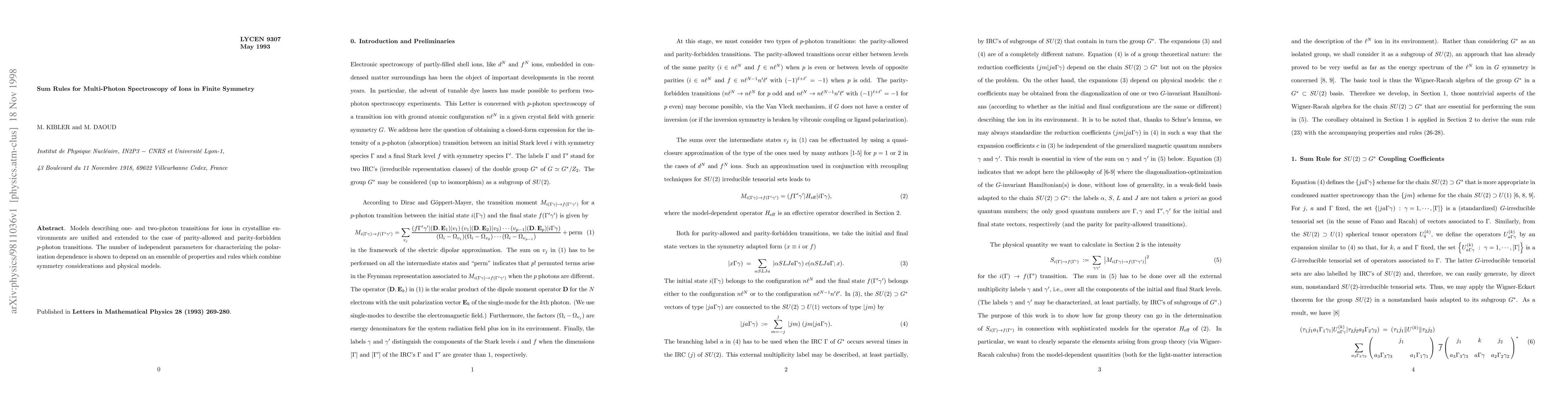 Thumbnail for Sum Rules for Multi-Photon Spectroscopy of Ions in Finite Symmetry