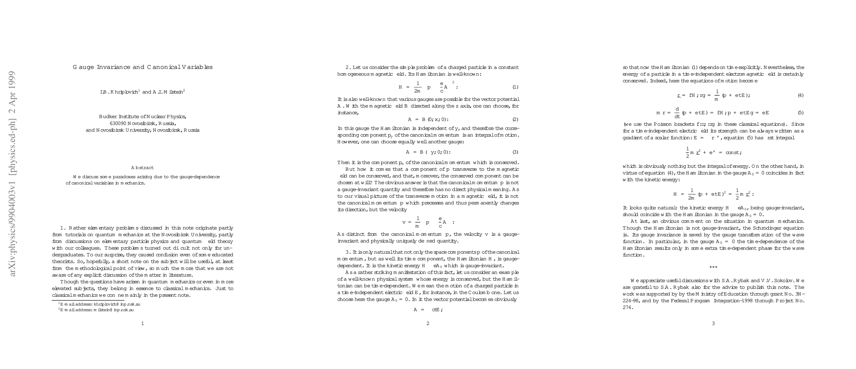 Thumbnail for Gauge Invariance and Canonical Variables