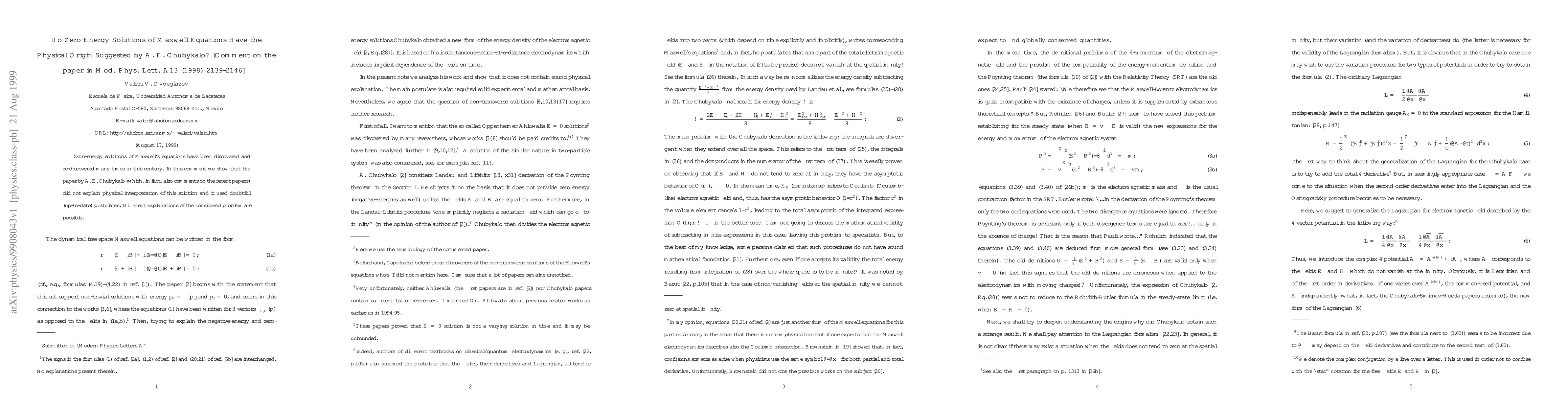 Thumbnail for Do Zero-Energy Solutions of Maxwell Equations Have the Physical Origin
  Suggested by A. E. Chubykalo? [Comment on the paper in Mod. Phys. Lett. A13
  (1998) 2139-2146]