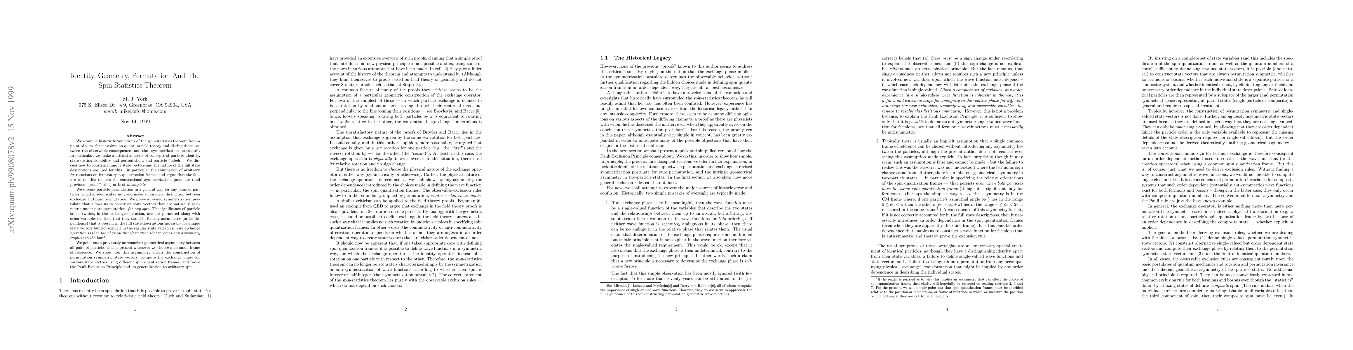 Thumbnail for Identity, Geometry, Permutation And The Spin-Statistics Theorem