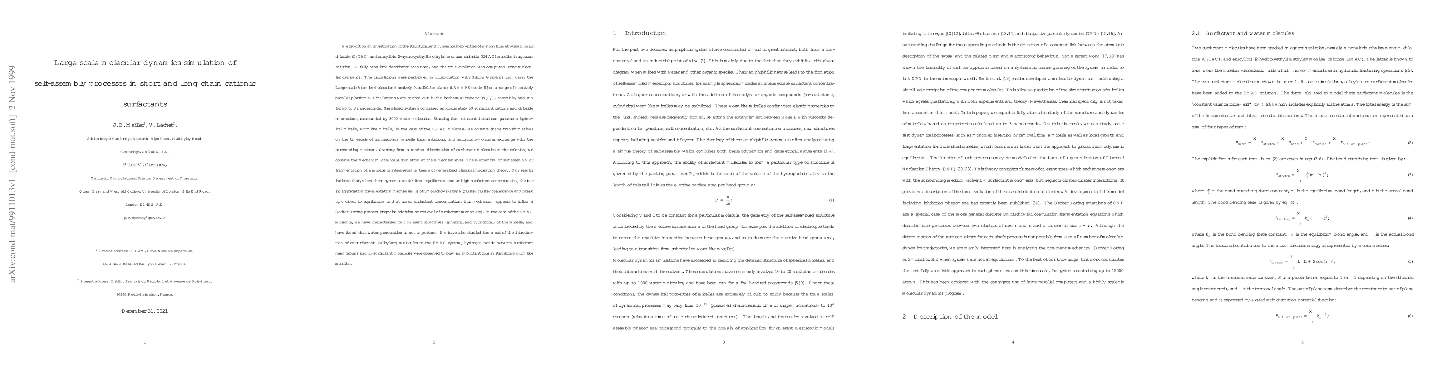 Thumbnail for Large scale molecular dynamics simulation of self-assembly processes in
  short and long chain cationic surfactants