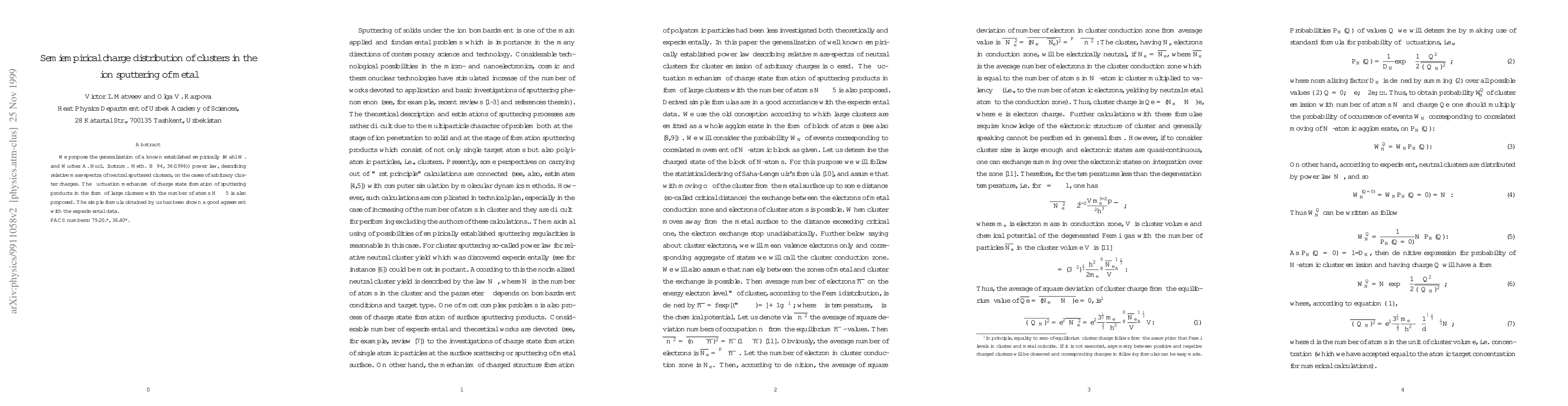 Thumbnail for Semiempirical charge distribution of clusters in the ion sputtering of
  metal