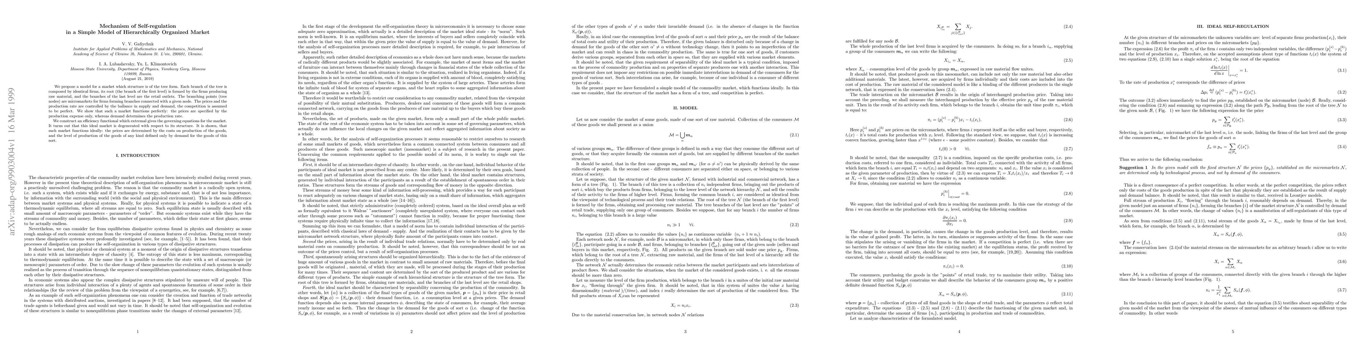 Thumbnail for Mechanism of Self-regulation in a Simple Model of Hierarchically
  Organized Market