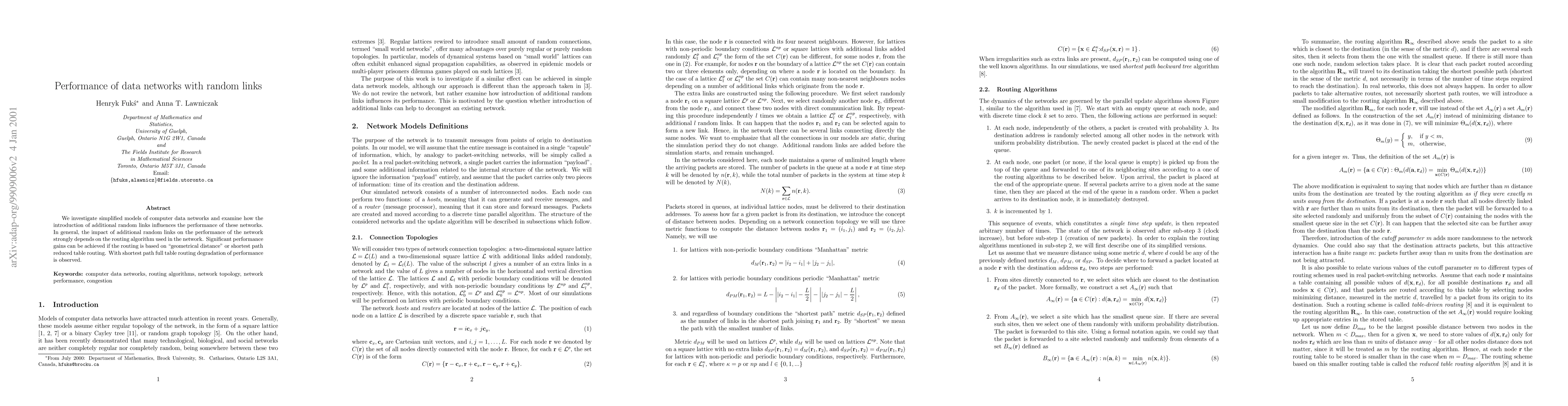 Thumbnail for Performance of data networks with random links