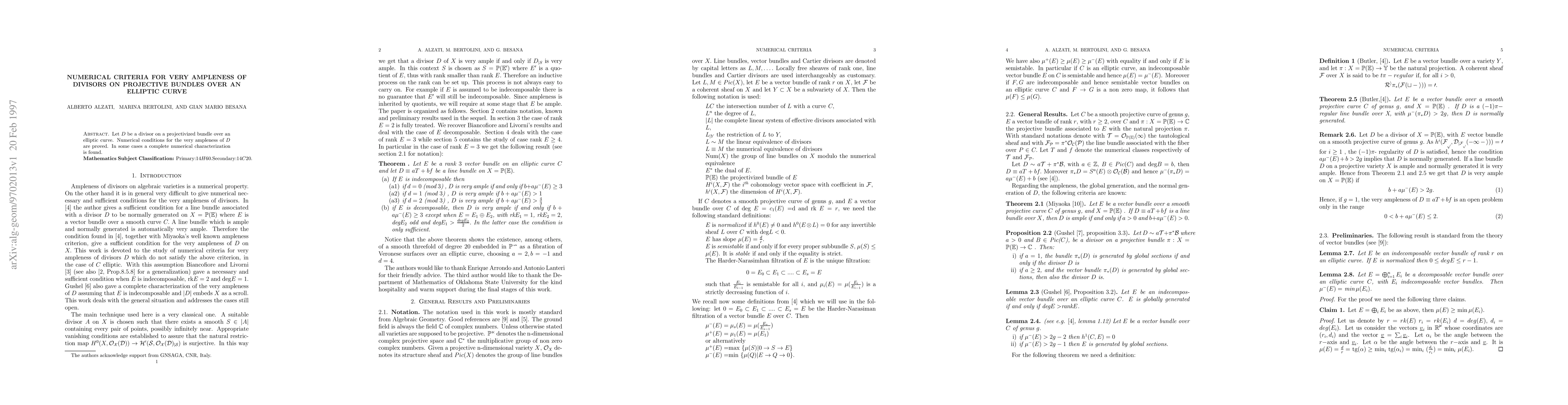 Thumbnail for Numerical Criteria for vey Ampleness of Divisors on Projective Bundles
  over an elliptic curve